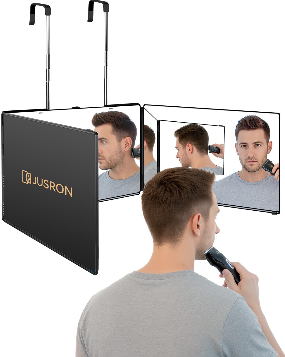JUSRON 360 Grad Spiegel zum Aufhängen - Klappspiegel 3 Teilig Spiegel Haare Selbst Schneiden, Höhenverstellbarer Kosmetikspiegel Rasierspiegel Friseurspiegel für Makeup Rasieren Frisieren-Ohne LED
