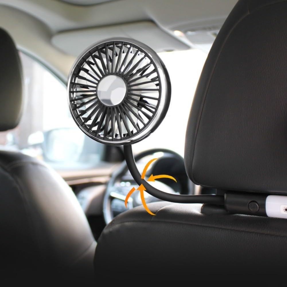 Ventilador de coche de doble cabeza, 3 velocidades alimentadas por USB, rotación de 360 °, iluminación ajustable para refrigeración por aire del asiento trasero en el vehículo