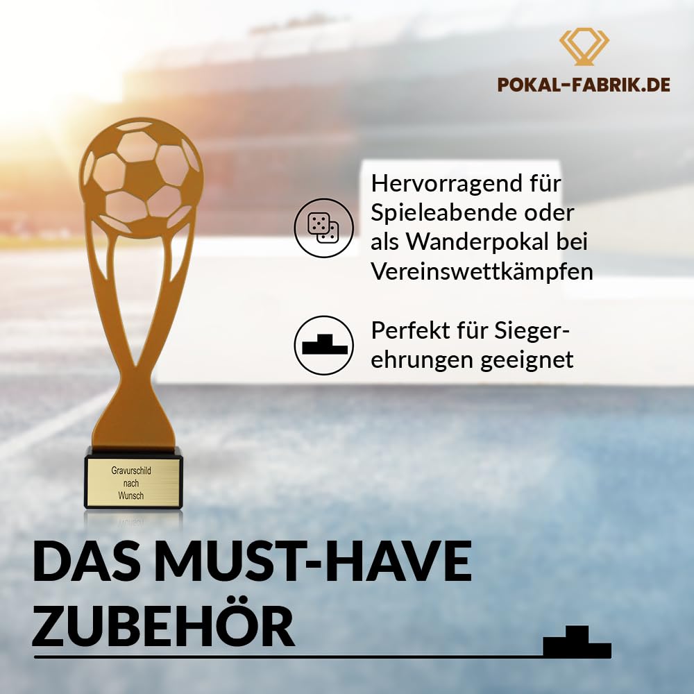 Pokal-Fabrik Pokal mit Gravur Wunschtext – Gold Trophäe aus Metall – Personalisierte Auszeichnung für Fußball WM & Sport Events – 21 cm inkl. Steinsockel
