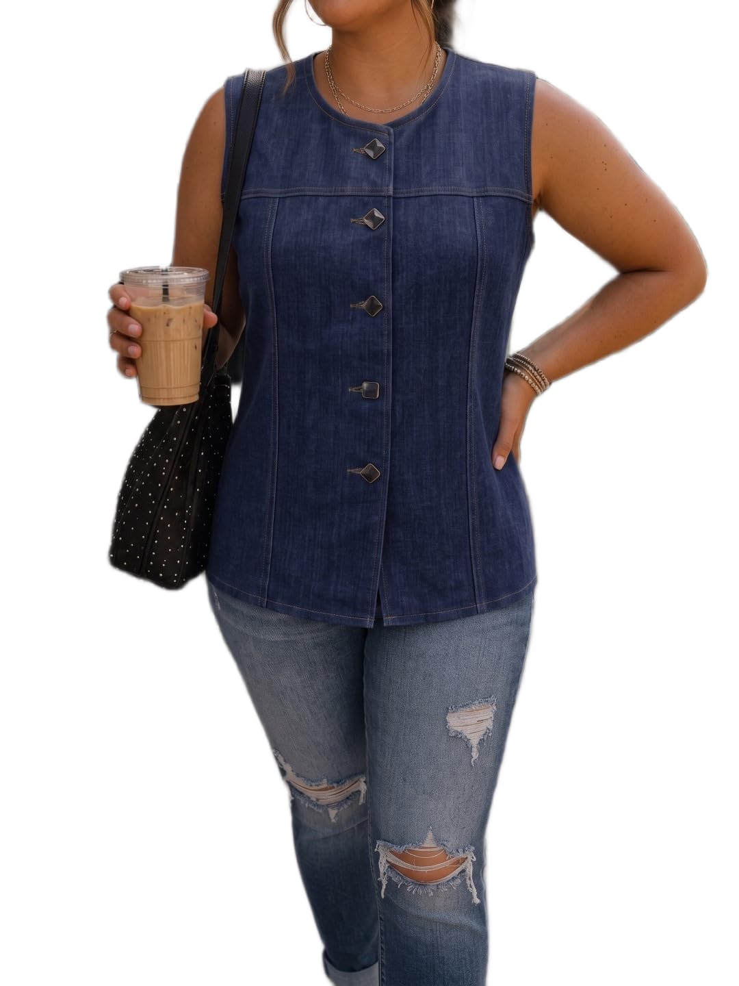 moonxs Women's Blue Denim Sleeveless Shirt Vest Button Closure – Stylish Casual Top for Daily Wear-picture-12