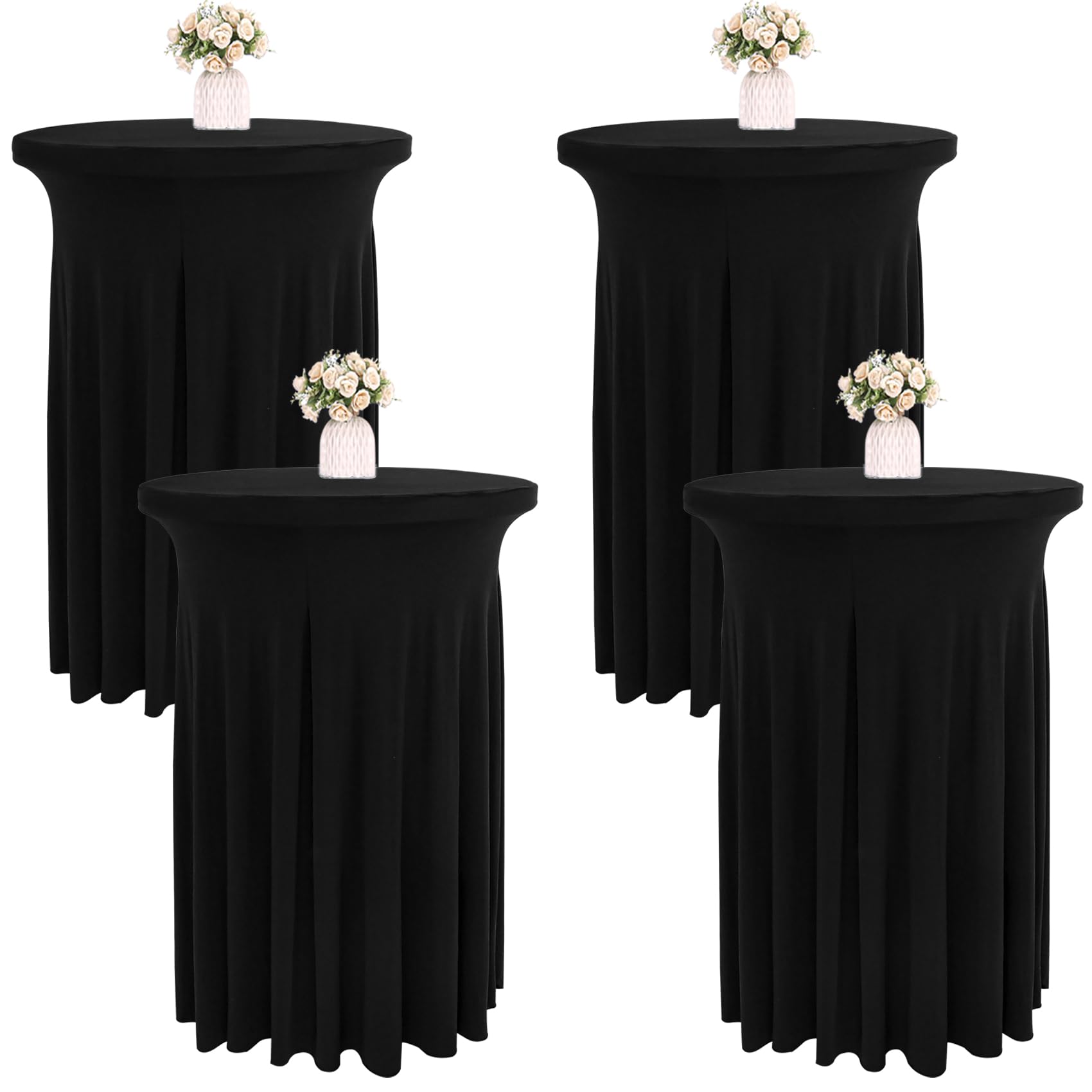 Photo 1 of JALANCY 4 Packs 32 x 43 Inch Spandex Round Cocktail Table Skirts with Wavy Drapes Stretch Cocktail Tablecloth Fitted High Top Tables for Wedding Bar Party Banquet (Black)