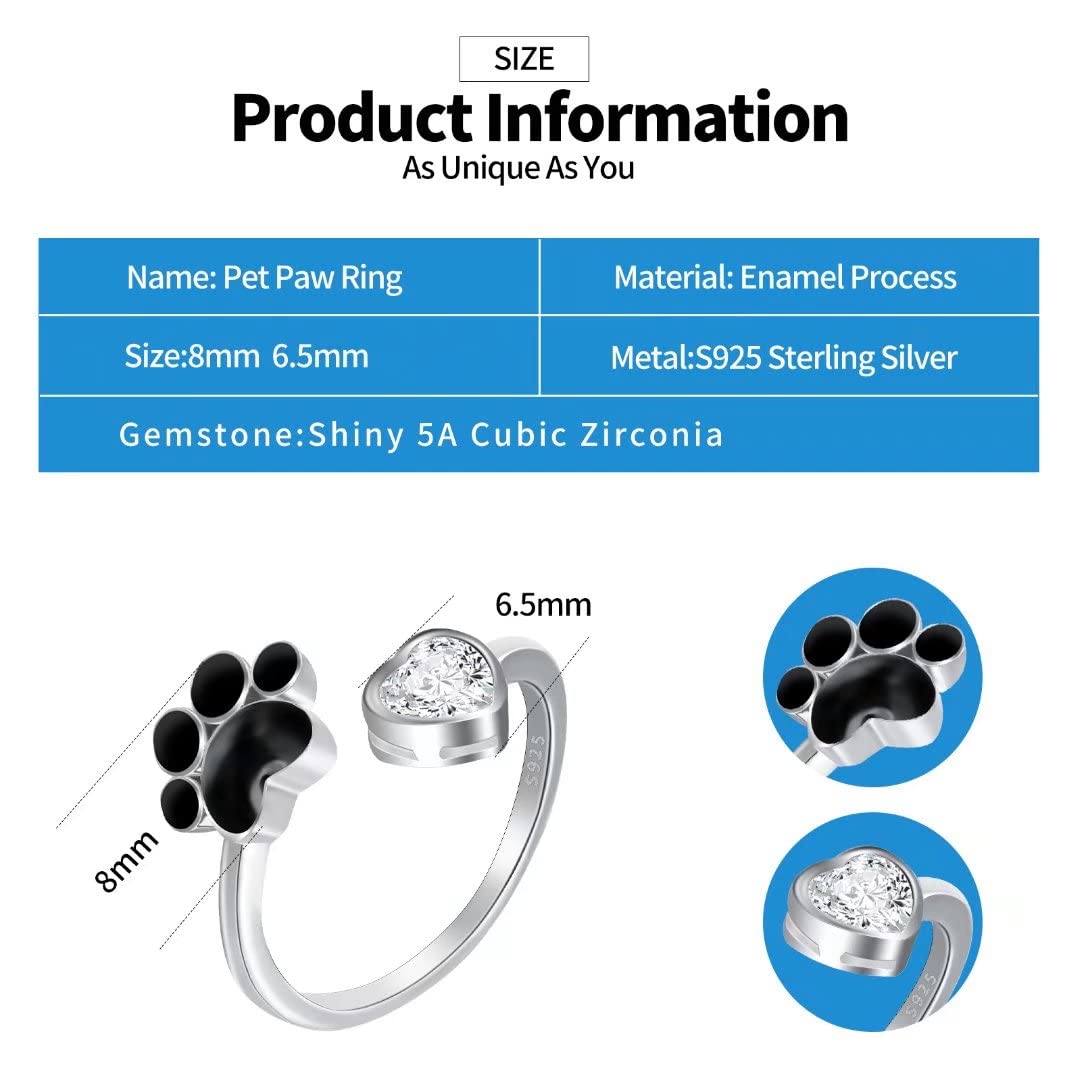 Qings Anillos de Huella de Perro y Gato Mujer Anillo Ajustable de Huellas de Mascota Plata de Ley 925 Anillas Corazón con Zirconia Cúbica CZ, Anilla Animal Apertura, JoyerÍA Regalo para Niñas