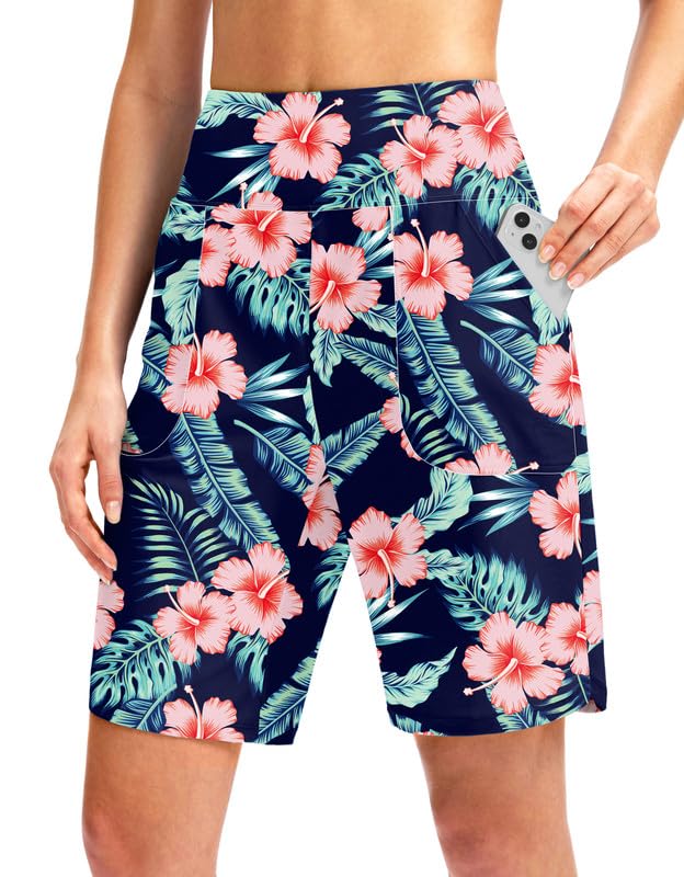 Women's 9" High Waisted Swim Board Shorts with Pockets UPF 50+ Lightweight Beach Swimsuits Short for Women with Liner, Navy Flower, L-image-40