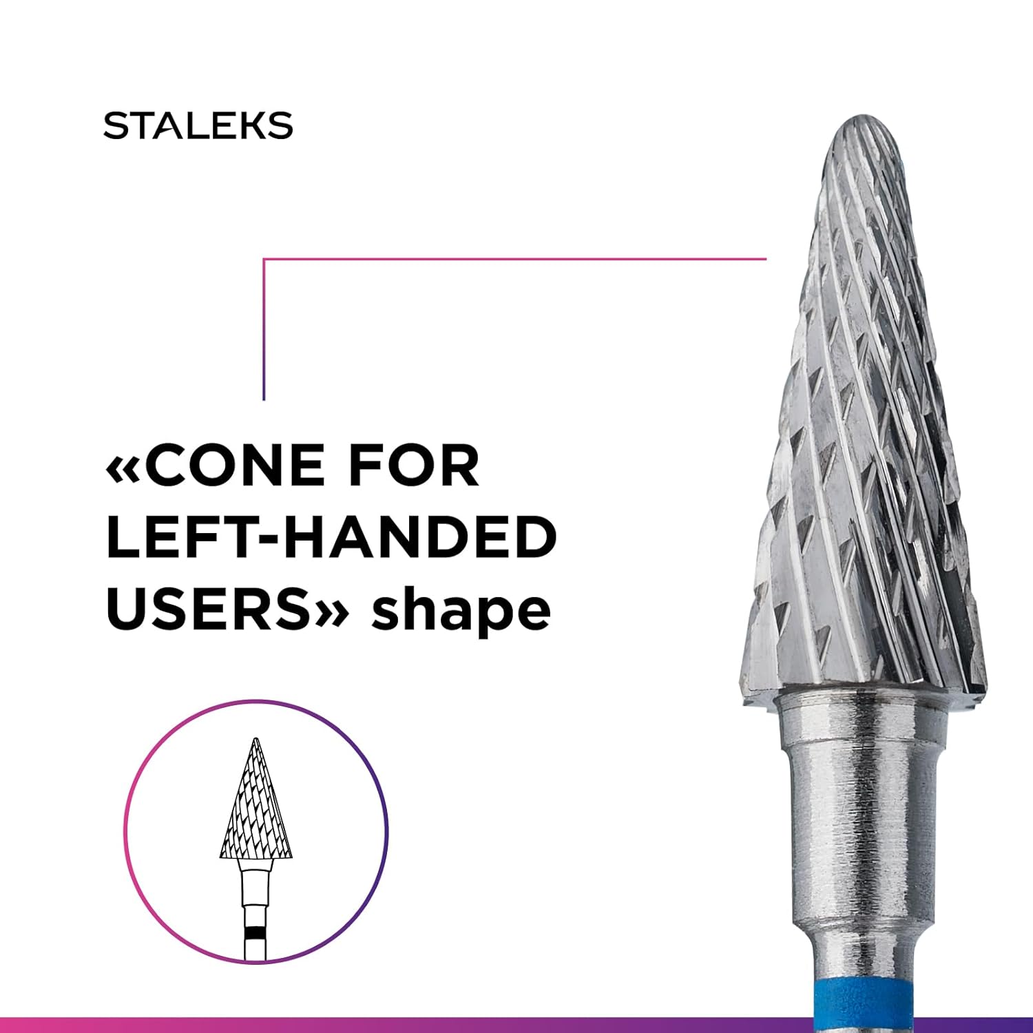 STALEKS PRO Expert Carbide Nail Drill Bit (Cone, Blue, 6mm Head / 14mm WP) – For Left-Handed Users – Medium Hardness for Artificial Nail Correction & Skin Processing in Hardware Manicure/Pedicure