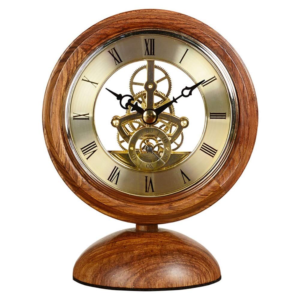 SuDeLLong Sandalwood Living Room Table Perspective Clock Decoration Retro Small Clock Quartz Movement Chiming Clock (Color : Brown, Size : 15X12x5cm)