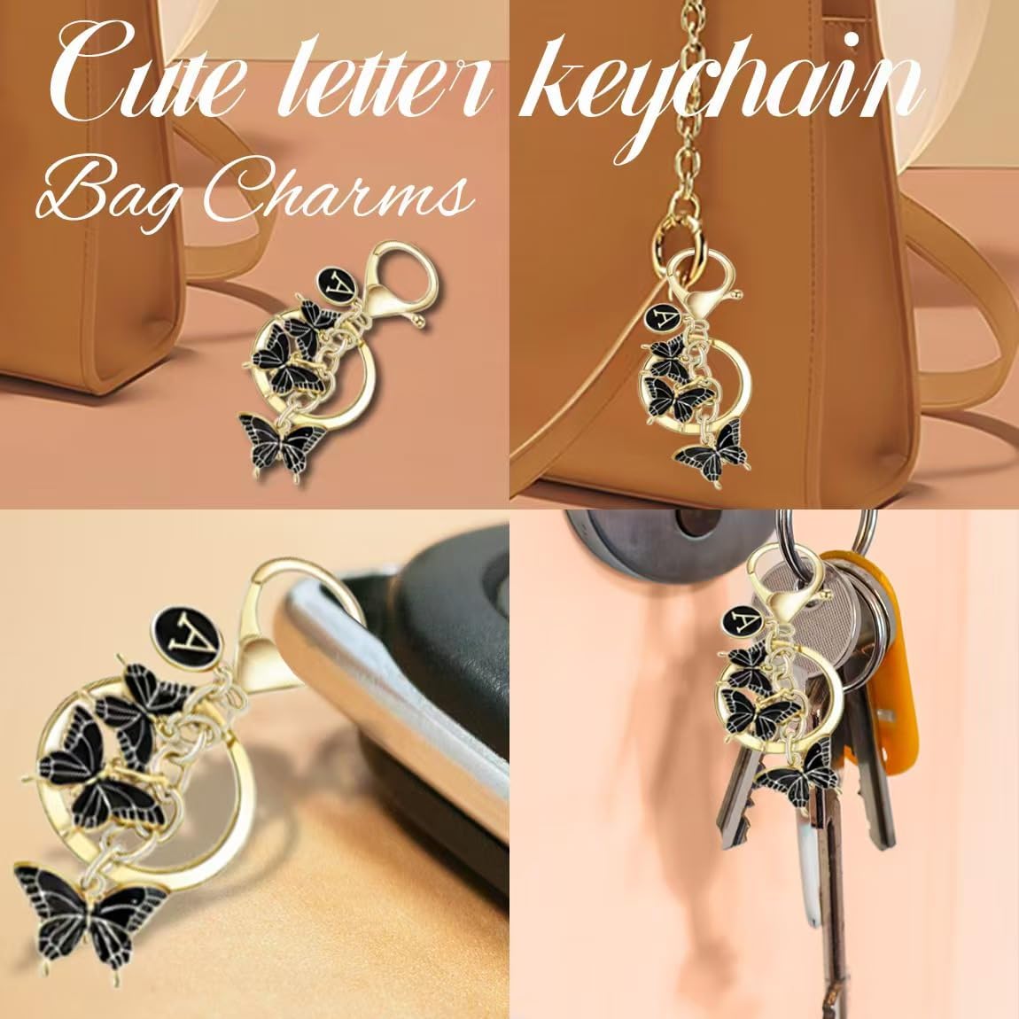 Initial letter Keychain for Women,Pink Butterfly bag Charms Cute Letter Keychain for Handbag Purse - Image 3