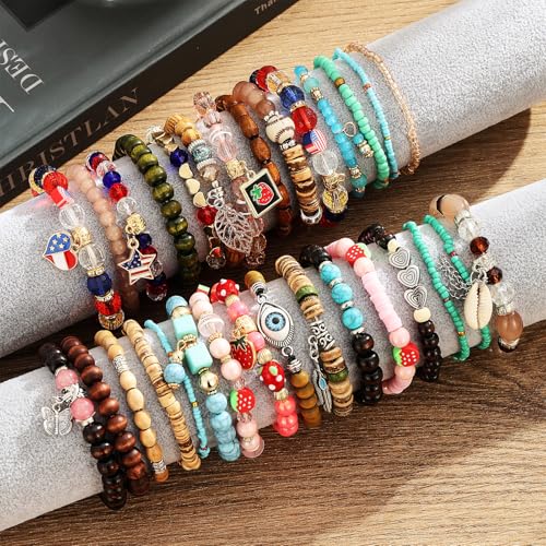 17IF 30 Pcs Silver Bead Bracelet Set for Women, Charm Colorful Crystal Stone Wooden Stackable Boho Turquoise Evil Eye Butterfly American Star Heart Stretch Chain for Friendship2