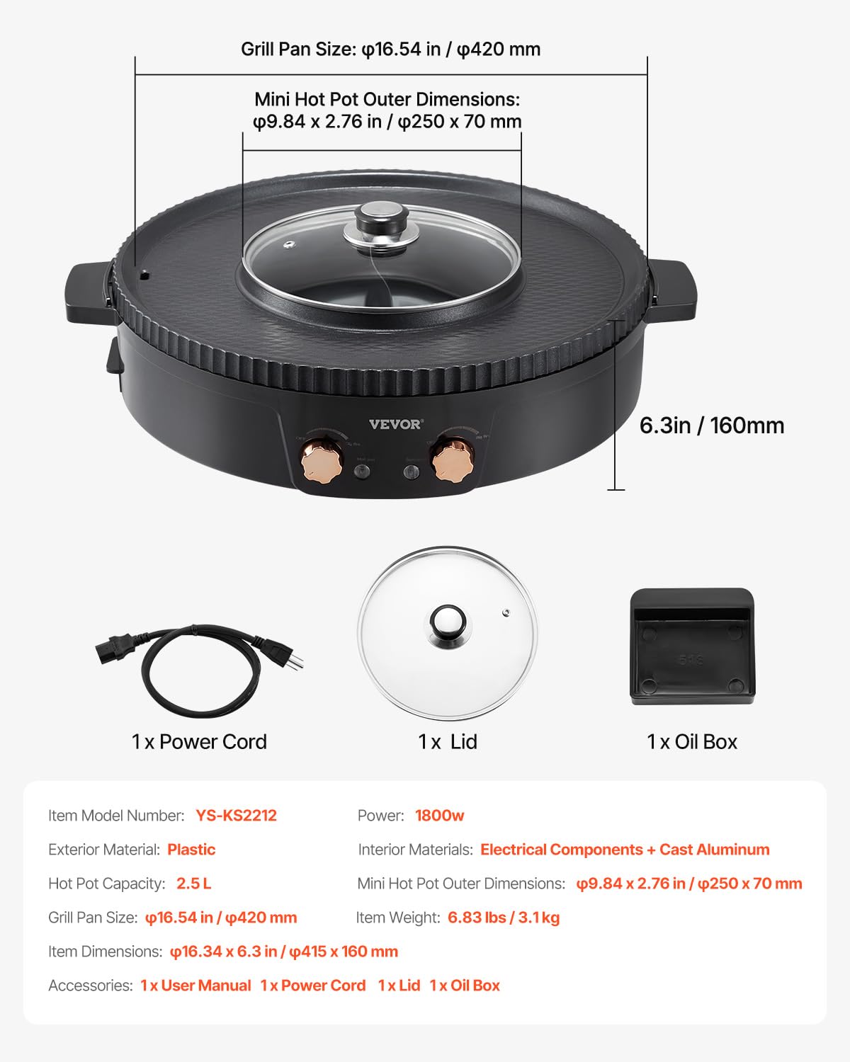 VEVOR Appareil à Fondue Chinoise avec Gril 2-en-1, Hot Pot Électrique 1800 W, Fondue Électrique avec Double Contrôle de Température Séparé, Poêle Antiadhésive, pour Barbecue Coréen Shabu Shabu Hotpot