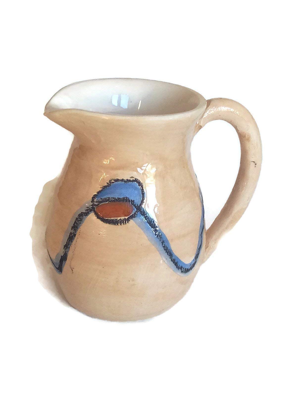 Handpainted Ceramic Beige Jug, Decorative Portuguese Pottery Handmade