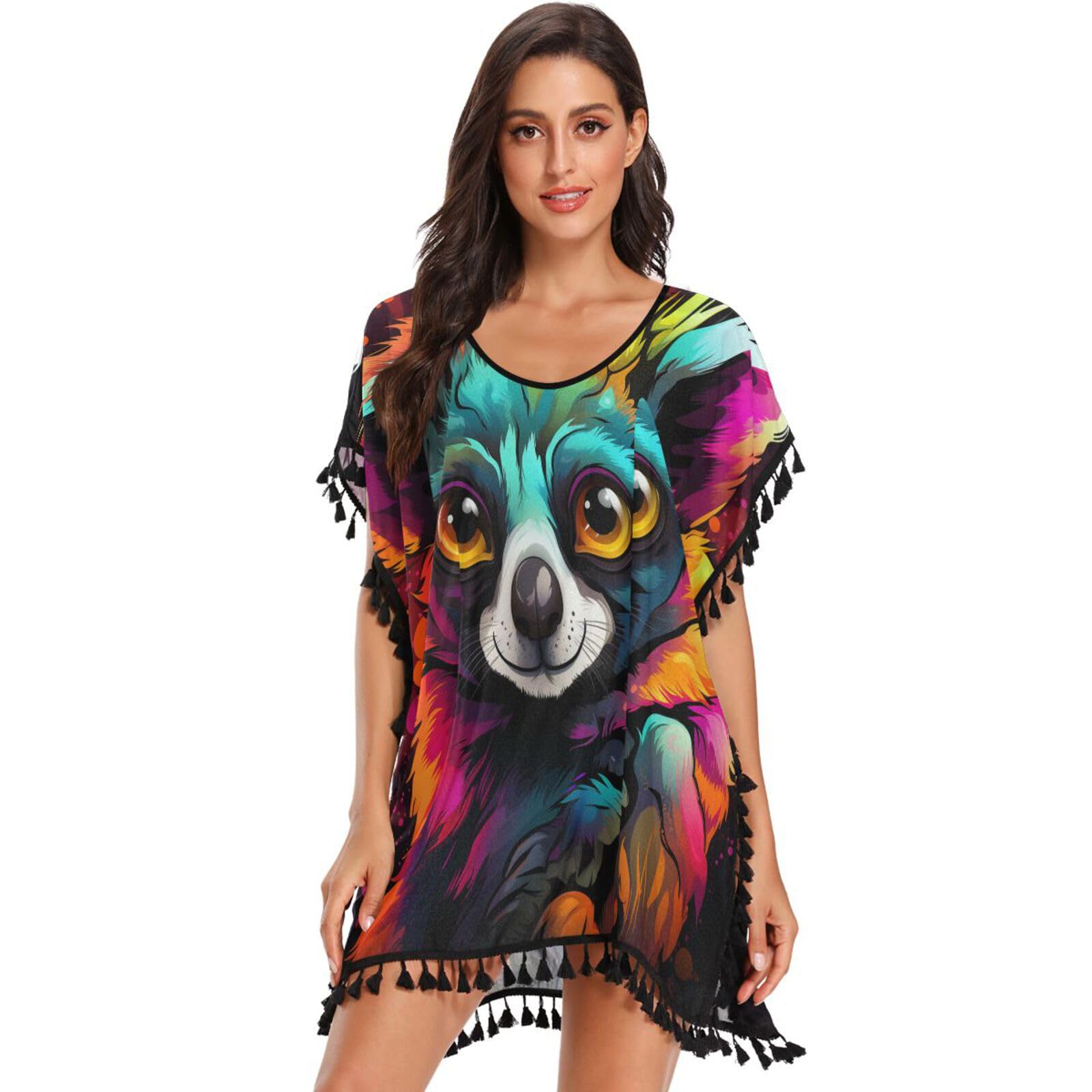 Colorful Art Lemur Monkey Women's Beach Cover Up Chiffon Tassel Swimwear Swimsuit Coverups for Girl