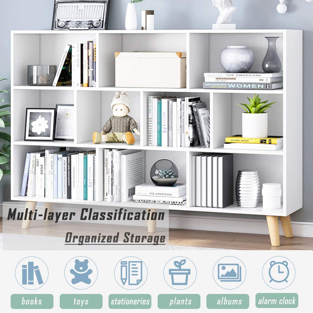 Estantería de madera con espacios abiertos, 3 niveles, con patas, 10 cubos, color blanco cálido 5