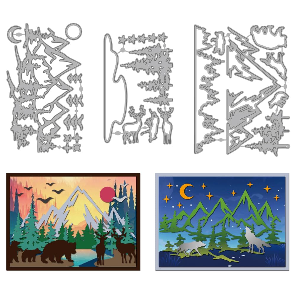 MAYJOYDIY Nature Metal Cutting Dies Set, Forest Scenery with Mountains, Sun, Moon & Wild Animals (Deer, Wolves, Bears)