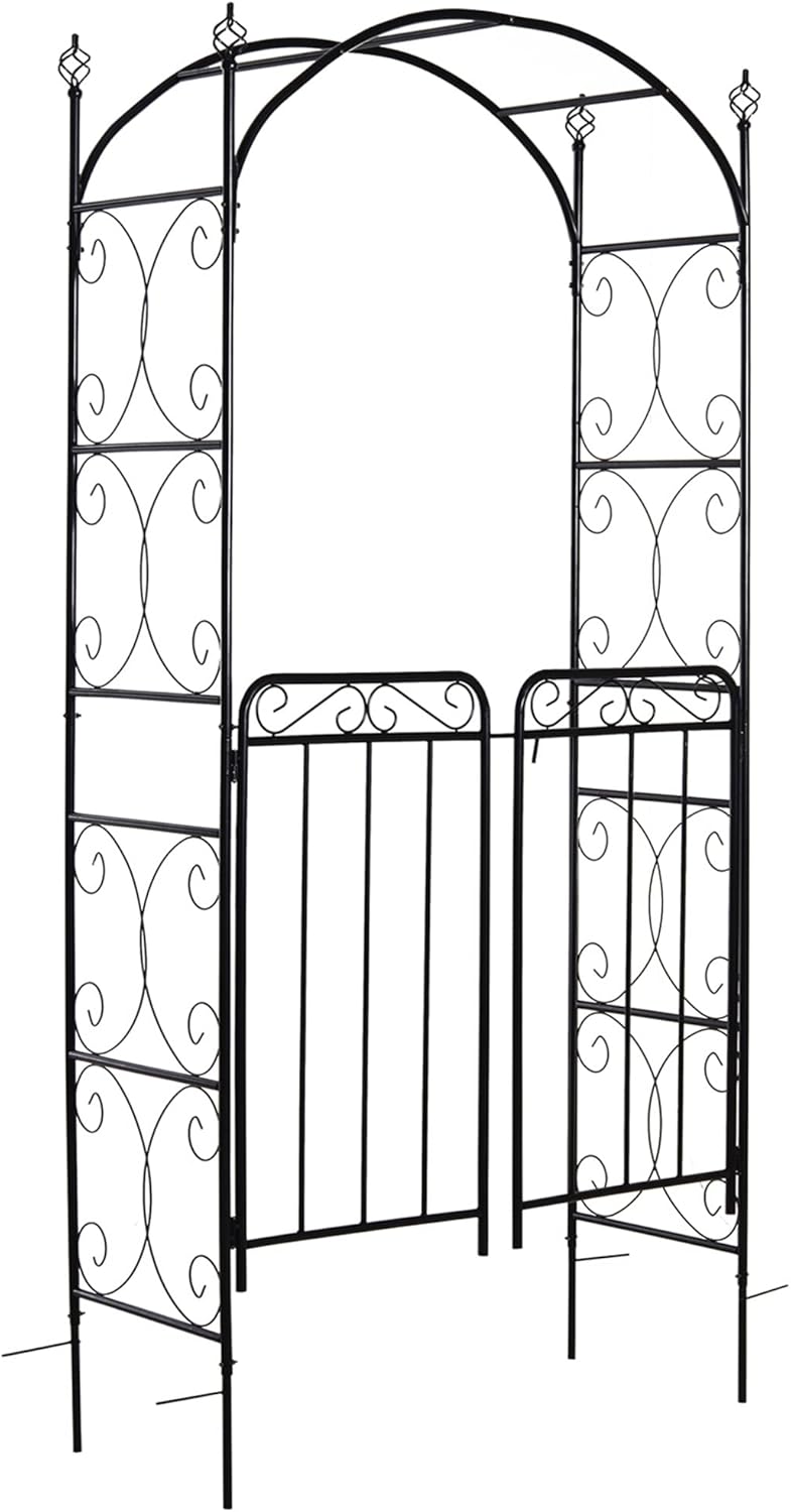Outsunny 84 Garden Arch Arbor with Gate, Metal Arch Trellis, Garden Archway for Climbing Vines, Wedding Ceremony Decoration, Flourishes & Arrow Tips, Black
