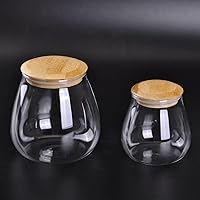 Vista 7 de WHJY Recipiente de almacenamiento de vidrio transparente de 13 onzas con tapa hermética de bambú, pequeño y moderno tarro decorativo redondo