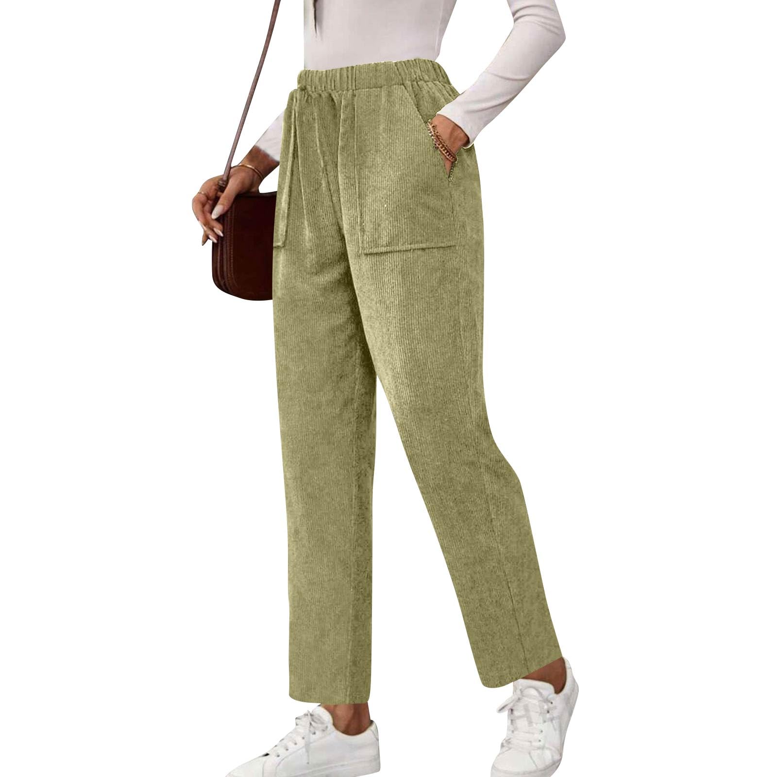Corduroy Pants Women Casual Comfy Elastic High Waisted Pull On Pants Straight Leg Lounge Pant with Pockets Slacks