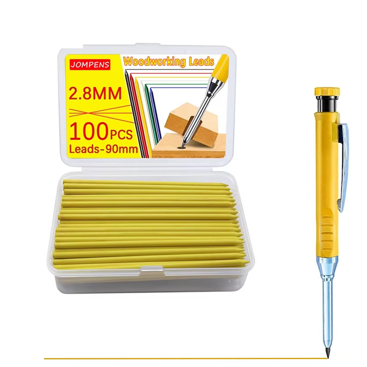 JOMPENS 100Pcs Pencil Refills, 2.8mm Pencil Leads, Solid Carpenters Refills Replacement, Deep Hole Marker, Waterproof for Woodwork Construction Building (Yellow)