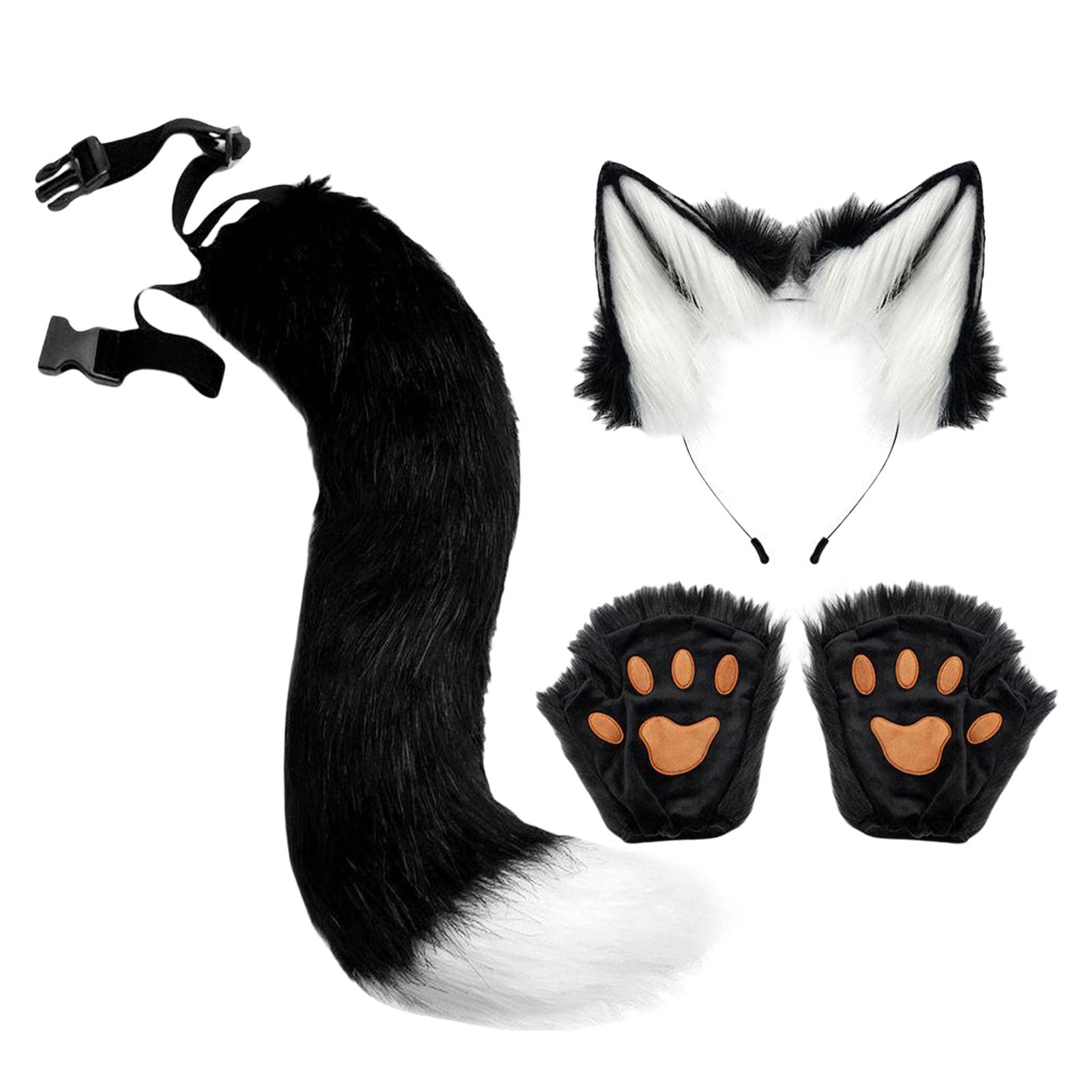 Cosplay Accessoires Déguisement Oreilles Queue Gants Chat Peluche Doux pour Femmes Hommes Enfants Adapté à Halloween Carnaval Théâtre Cade, noir