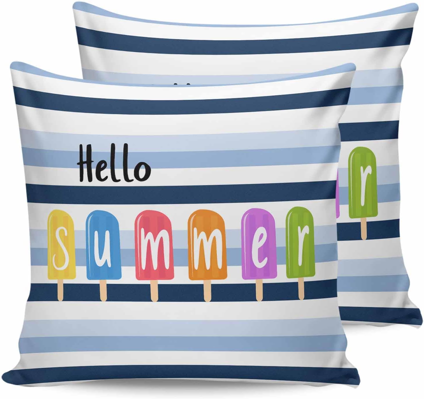 Summer Outdoor Waterproof Throw Pillow Covers 24 x 24 Inch Set of 2, Ice Cream Ombre Stripes Summer Pillowcases Decorative Square Cushion Cases for Patio Furniture Couch Porch Garden