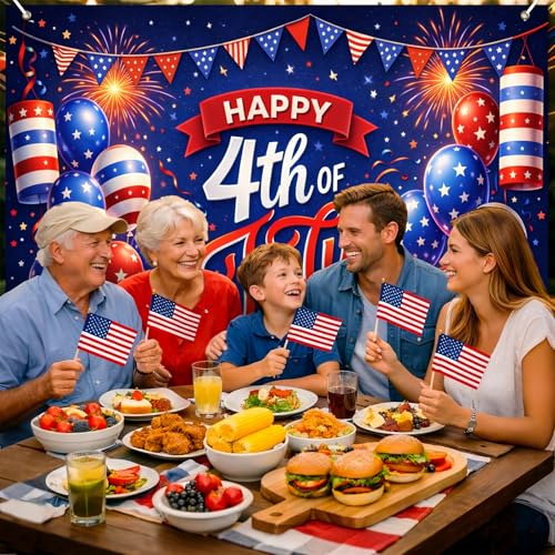 Image of BlissYard 4th of July Backdrop Independence Day Patriotic Party Decorations Photo Booth Backdrop 8x6ft Happy Fourth of July Banner Red White Blue Party Supplies Patriotic Holiday Party Decoration