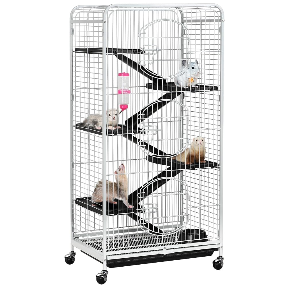 Yaheetech Gabbia per Coniglio Nano da Interno Esterno a 5 Ripiani Animali Domestici Grande in Metallo con 4 Rotelle Orientabili 64 x 43 x 131 cm Bianca