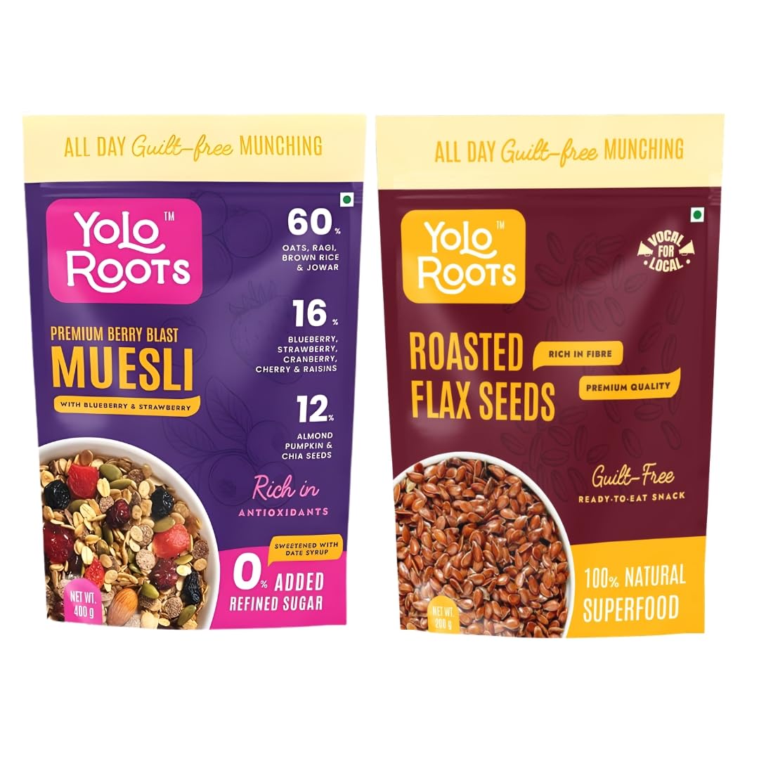 Yolo Roots Premium Berry Blast Muesli 400g & Roasted Flax Seeds 200g Combo | Oats Fruit Nut Breakfast Cereal with Berries, High Fibre Healthy Snack Seeds Mix (Pack of 2)