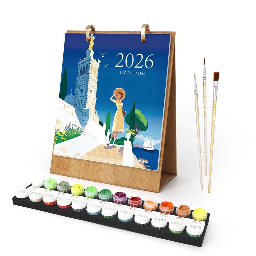 Paint by Numbers Calendar Kit, 2026 Calendar, 12 Month Standing Flip Planner, Monthly Desk Calendar with Pre-Printed Canvas & Paints, DIY Number Painting for DIY Home & Office Decor Gift (Building)