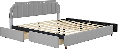 Miniatura 4 de Merax Cama de plataforma tapizada tamaño King con 4 cajones de almacenamiento base de cama de madera con patas de soporte no necesita somier color