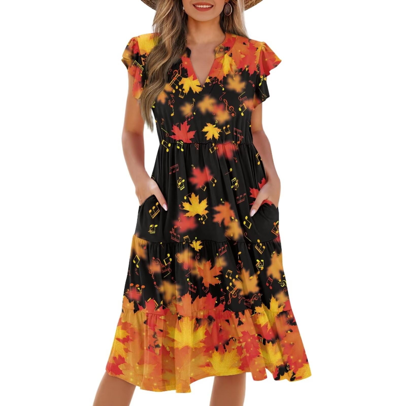 Womens Summer Dress Ruffle Sleeve V Neck Dress Casual Fit Flowy Beach Vacation Sundress with Pocket S-2XL