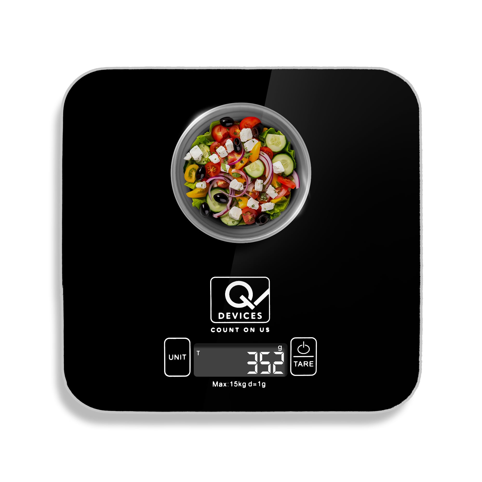 Q DEVICES Kitchen Weighing Scale for Baking, Cooking, and Meal Prep, LCD Display, Tempered Safety Glass, Tare Function, Max 15kg, Auto Switch-Off, 1 Year Warranty
