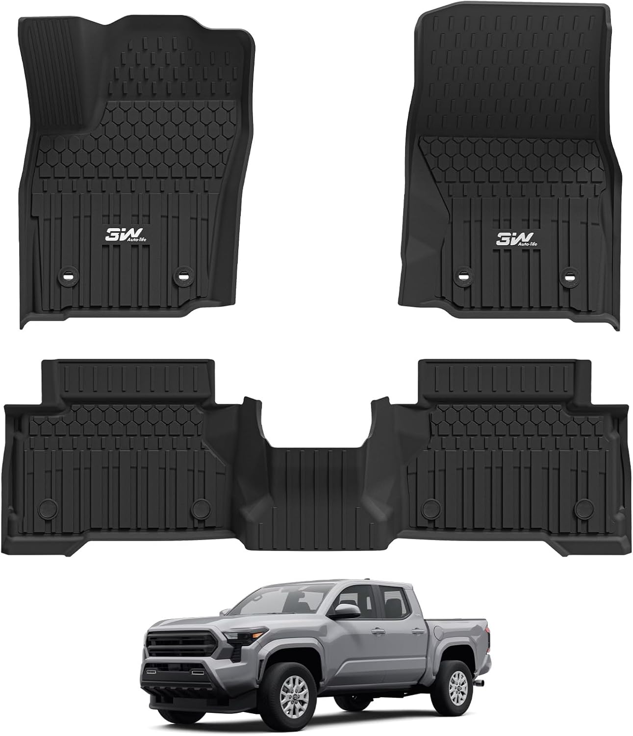 3W Floor Mats Fit for Toyota Tacoma Hybrid 2024 2025 2026, TPE All Weather Custom Fit Floor Liner for Tacoma Accessories 1st and 2nd Row Full Set Car Mats Easy Clean, Black(Only for Hybrid) 4. Tacoma|24-26|Hybrid Floor Mats