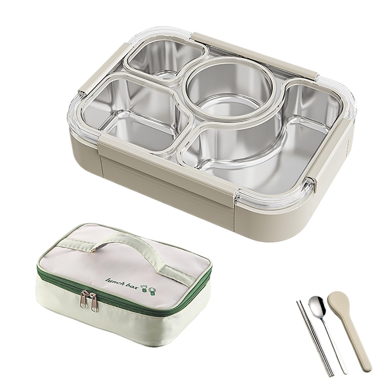 Borsa Termica Porta Pranzo, Schiscetta Pranzo, Bento Box in Acciaio Inossidabile, Lunch Box in Metallo A 3 Scomparti, Chiusura Ermetica, con Set di Utensili (Verde, 1200 Ml)(White,Large)