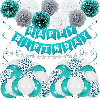 Unisun Teal Blue Birthday Decorations, Tiffany Blue Party Balloon with Happy Birthday Banner Confetti Balloons Paper Pom Poms Star Garland for Women Girls 1st 2nd 13th 18th 21 30th 40th Baby Shower