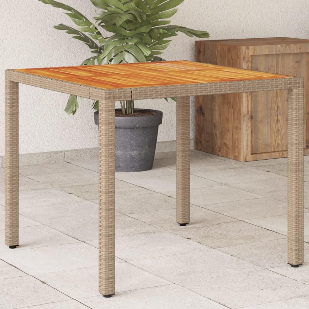 Stół ogrodowy, beżowy, 90 x 90 x 75 cm, polirattan, drewno akacjowe, stół balkonowy, taras, stół outdoorowy, odporny na warunki atmosferyczne, stabilny