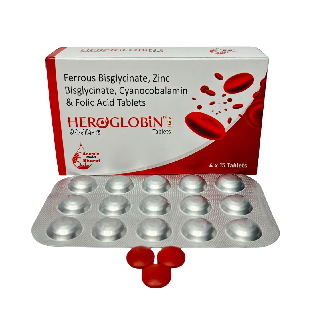 Daily Ferrous Bisglycinate Zinc Bisglycinate Cyanocobalamin & Folic Acid Tablets | Iron Supplement for Anemia | Improves Hemoglobin levels and Fatigue (Pack of 4) - 60 Tablets
