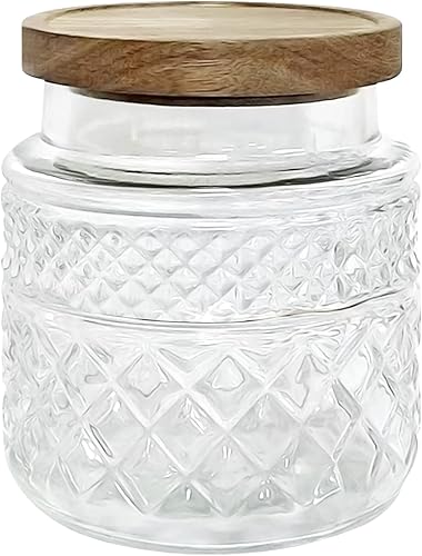 VA1KENE Tarro de almacenamiento de vidrio con rombos vintage, tarros de vidrio herméticos de 48 onzas líquidas con tapa de bambú, recipientes de