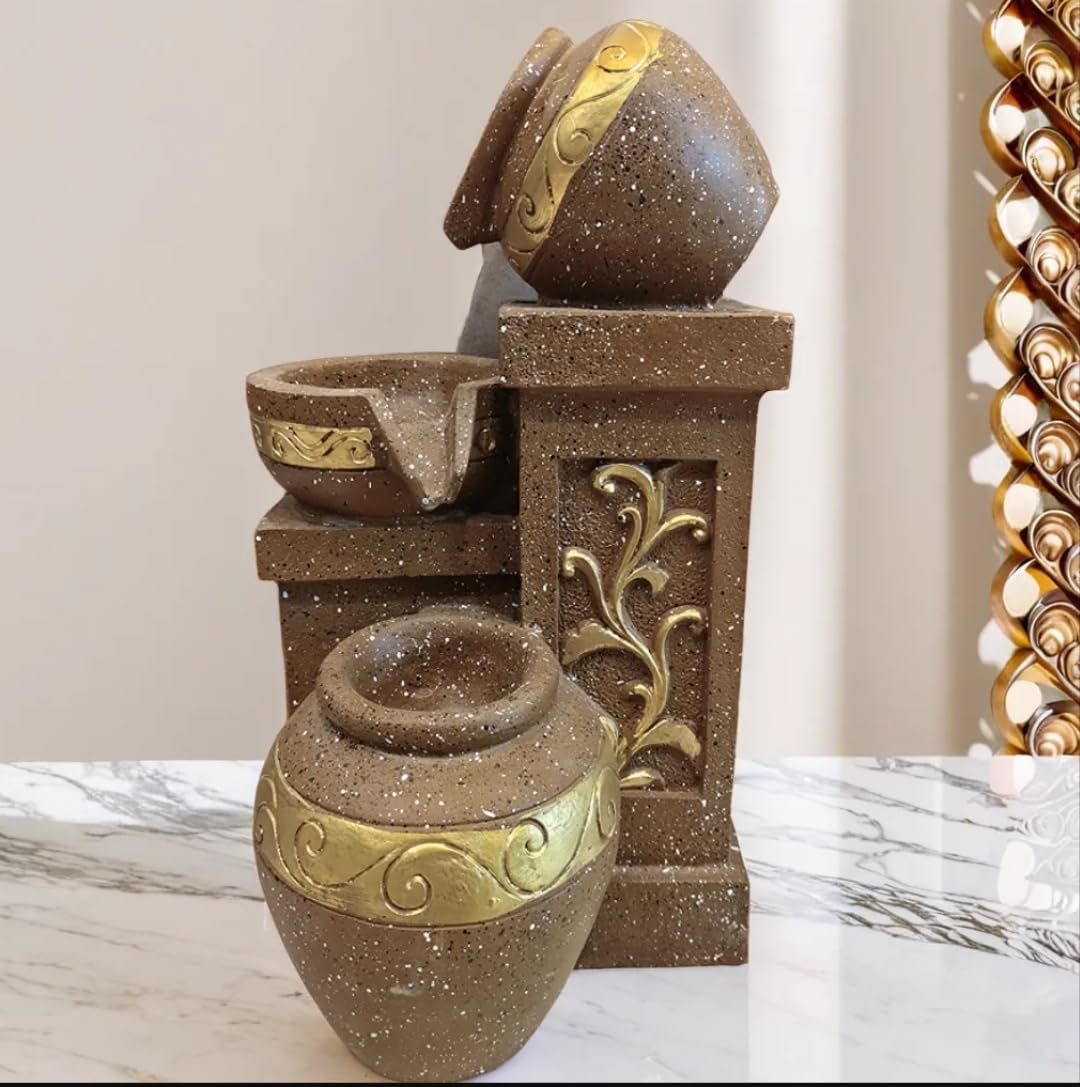 White Mango's Decorative Tabletop Water Fountain, Brown Ceramic with Gold Accents, Cascading Design, Indoor Home Decor, Speckled Finish-image-3