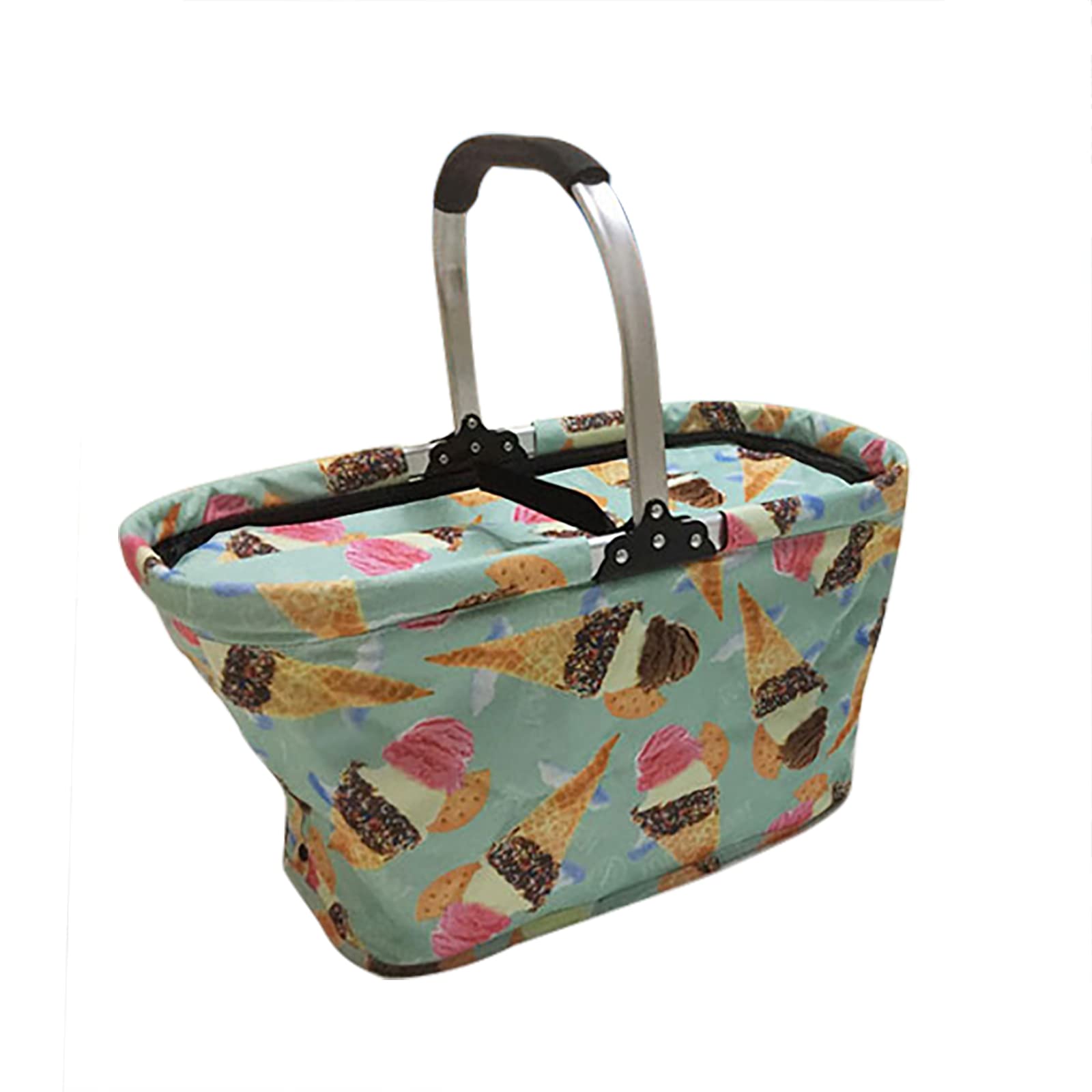 Cesta de picnic， cesta de picnic plegable， bolsa térmica aislante para conservación de alimentos， marco de aluminio resistente， ideal para acampar， hacer，Ice Cream Pattern-50*28*26cm(1pcs)