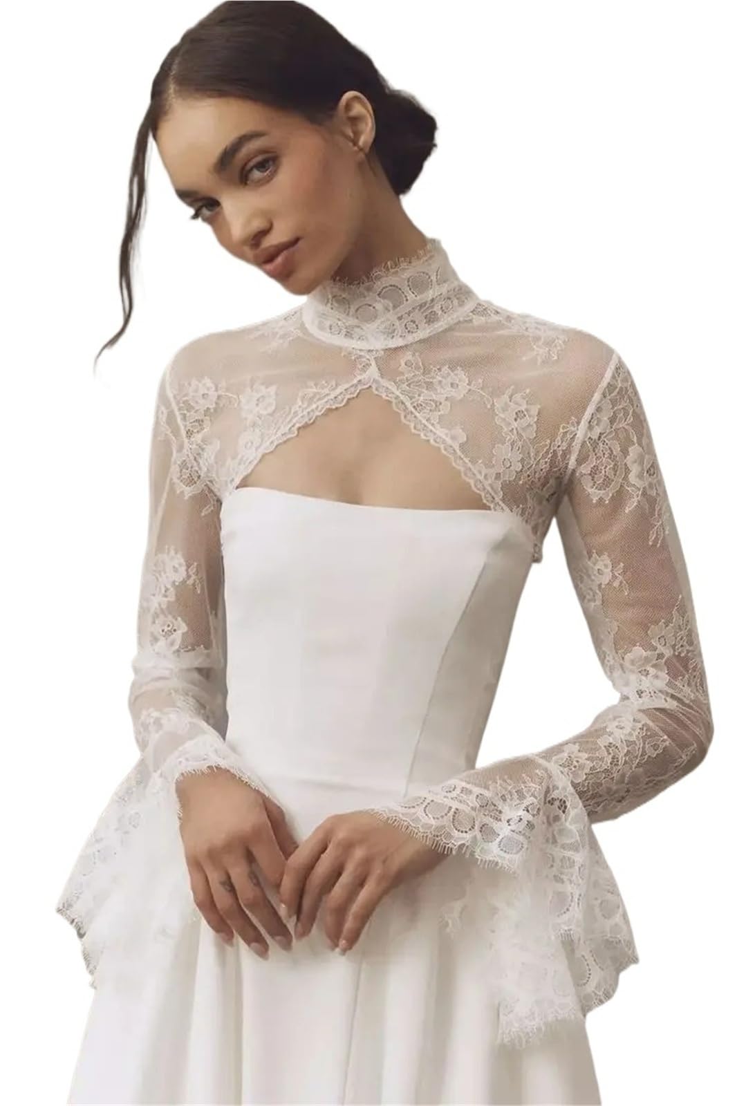 Estolas para Bodas Capas de boda encaje trompeta, chaqueta novia con cuello alto, espalda abertura en la cerradura y botones, Boleros nupciales ilusión