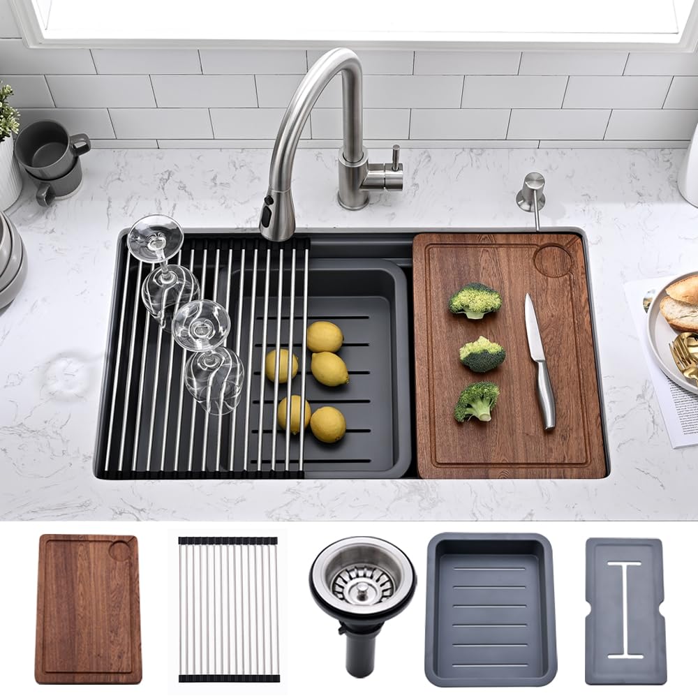 Fregadero de cocina gris de 76 x 45,7 cm cubeta individual profunda bajo encimera moderna