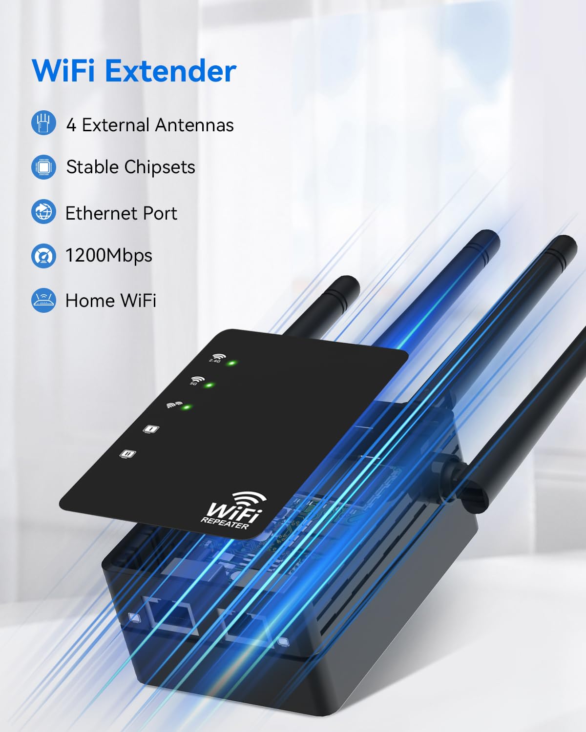 WiFi Extender with 4 Antennas 1200Mbps - Dual Band 5GHz/2.4GHz, WiFi Extender Signal Booster with 3 Modes Support, WiFi Repeater with 12880 Sq.ft 105 Devices, Easy Set Up for Home - 4