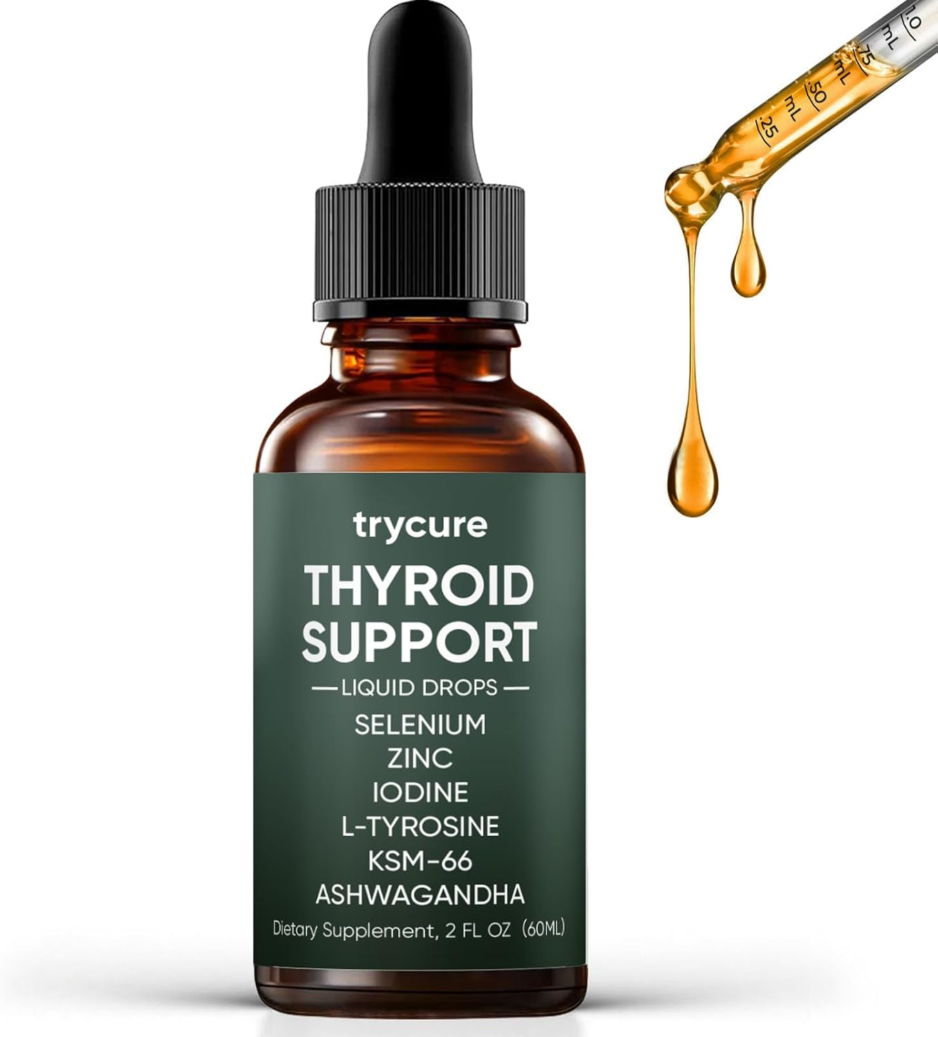 Trycure Thyroid Support Drops, Iodine & L-Tyrosine with Selenium, Zinc & Ashwagandha for Hormone Balance, Supports Energy, Mood & Daily Wellness, Berry Flavor Liquid, 2 fl oz(60ml)
