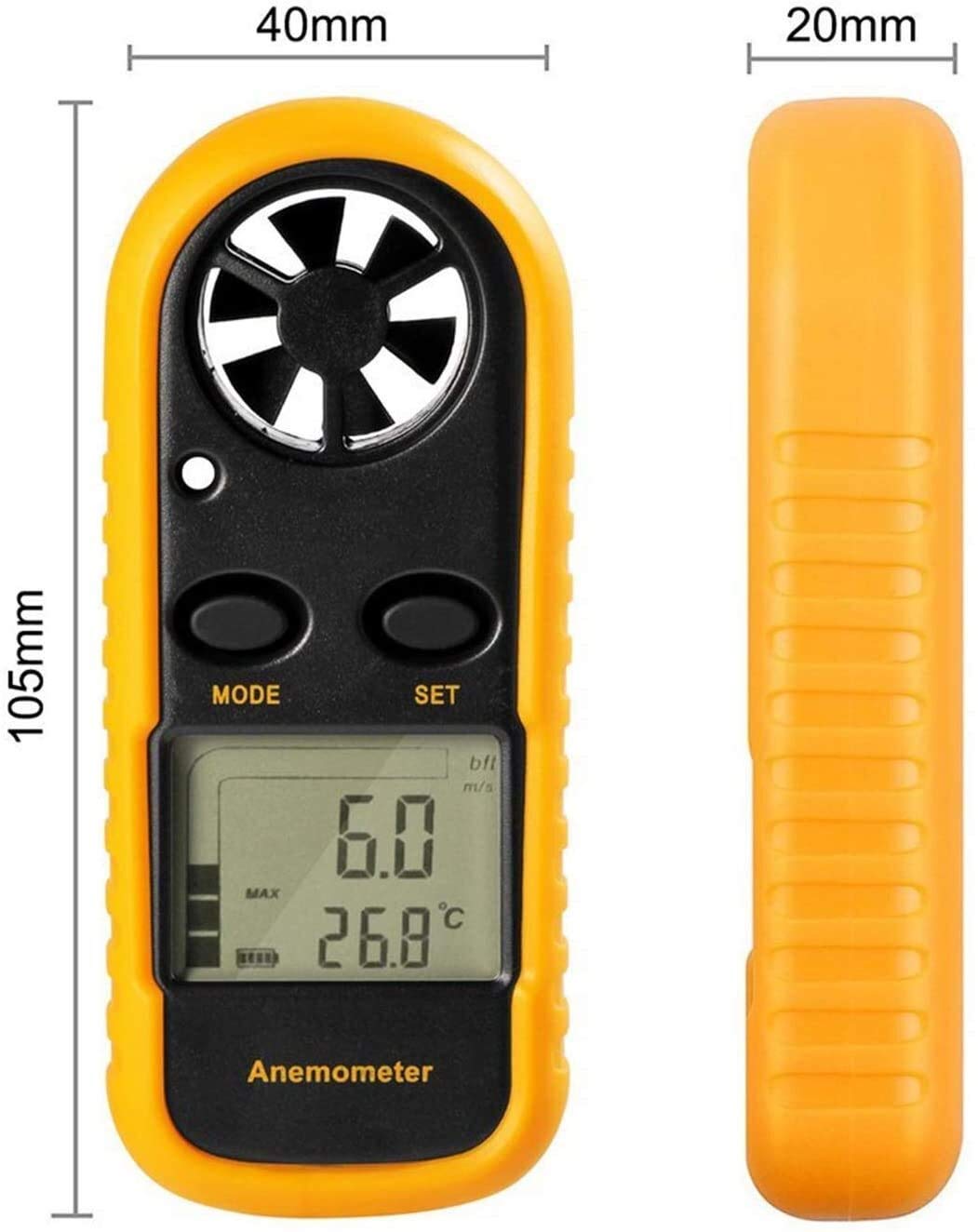 JJJ Anemometro Portatile Digitale, con Display LCD for misurare velocità del Vento, Temperatura e raffreddore del Vento (Giallo + Nero)