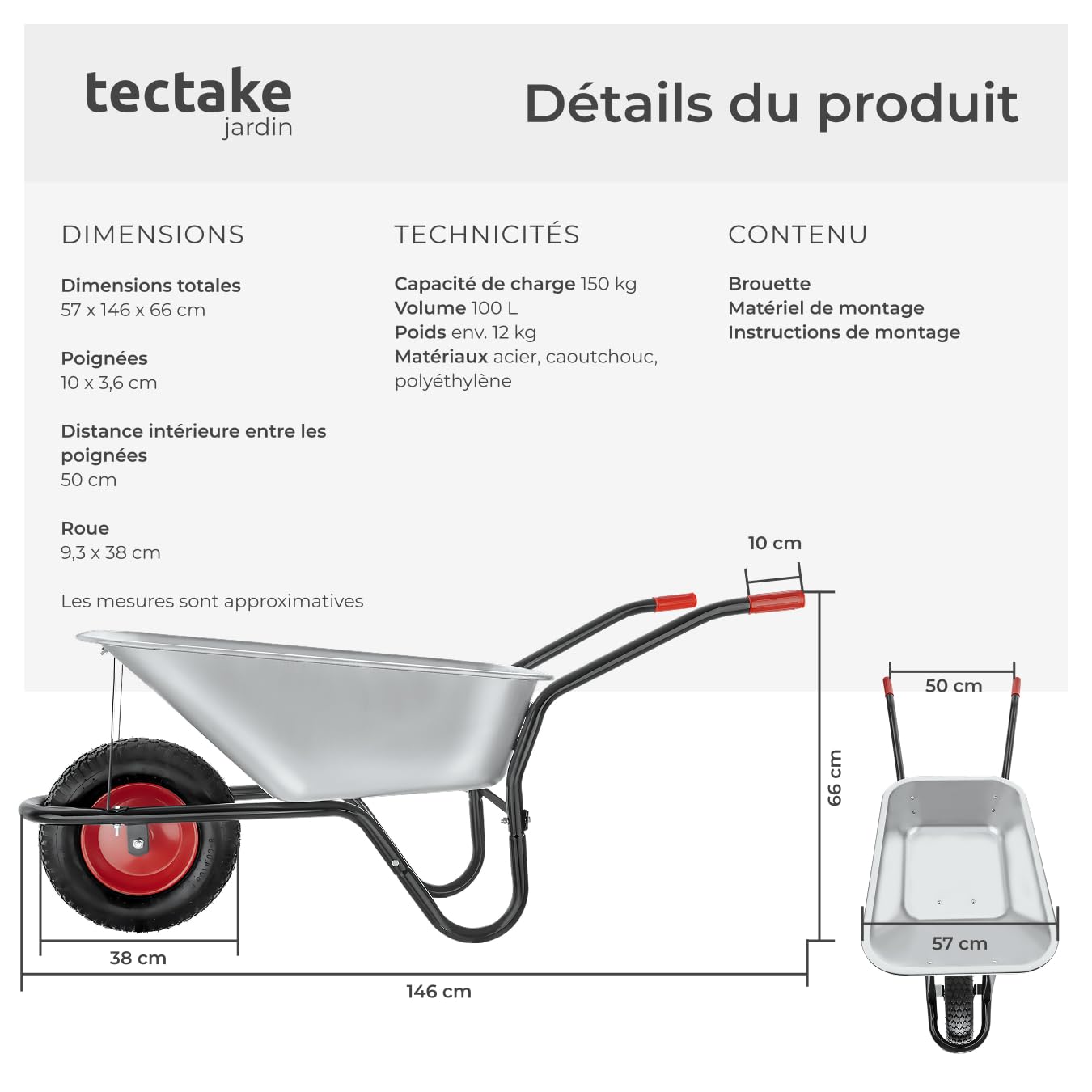 tectake® Brouette de Jardin Chariot de jardin Brouette de chantier 100 L Tout-Terrain max. 250 kg Bac Galvanisé 1 Grande Roue Pneumatique Robuste Confortable pour Jardinage Bricolage Bois de chauffage