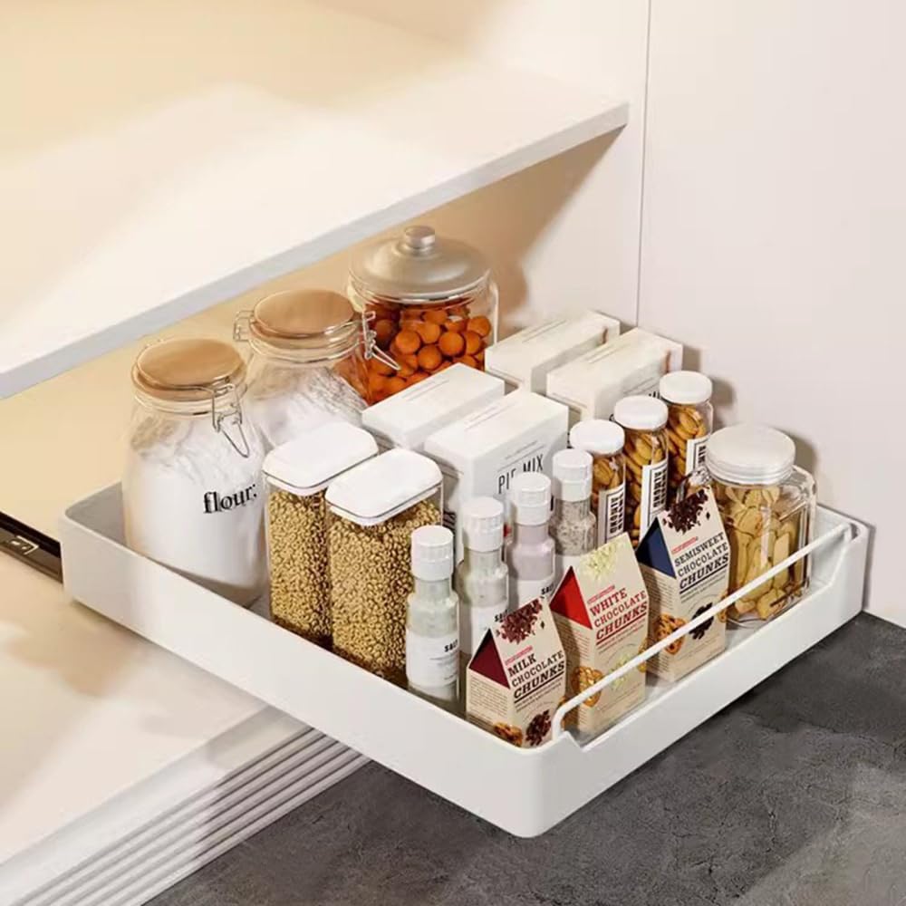 Organiseur d'armoire coulissant, étagères de rangement coulissantes, tiroir coulissant extensible pour l'organisation de l'armoire de cuisine – Pas besoin de percer – Blanc 42 x 35 x 7 cm (L x