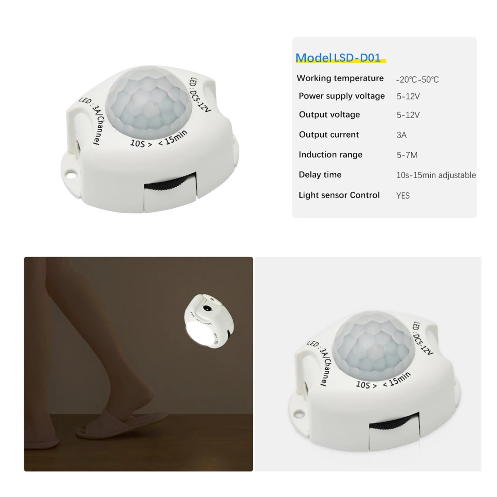 DC5V-24V 12V PIR Sensor de movimiento infrarrojo del cuerpo humano, control del detector de luz LED, barra de luz LED, conector de interruptor de sensor fotosensible (TDL-2023USB blanco)