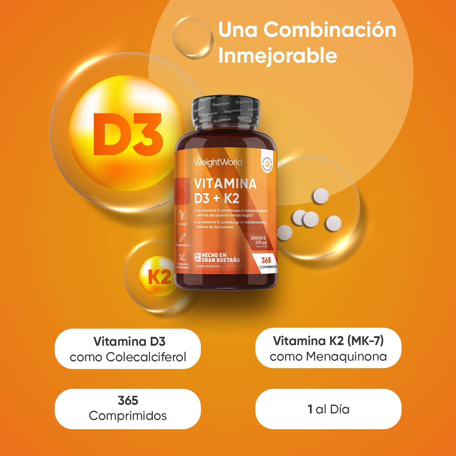 Vitamina D3 y K2 2000 UI + 200 µg - 365 Comprimidos de Vitamina D y MK7 - La Vit D contribuye al mantenimiento de los huesos en condiciones normales (EFSA), Vegetariano y Sin OGM