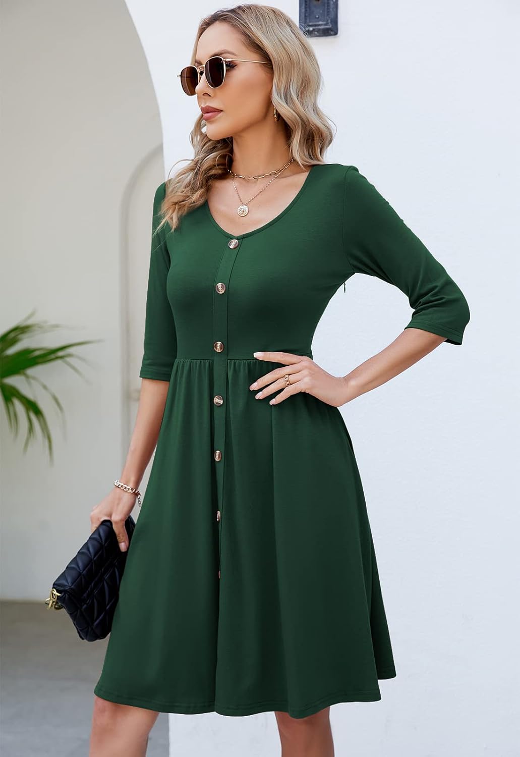 Lamilus Women's Casual Fall 3/4 Sleeve V-Neck Button Down A-Line Swing Party Dress - Image 3