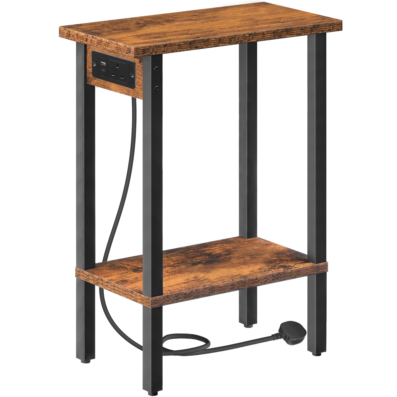 HOOBRO Small Side Table, 2-Tier Slim End Table with Charging Station, Narrow Bedside Table with Open Storage, for Small Spaces, Living Room, Bedroom, Study, Rustic Brown and Black EBF240KBZ01