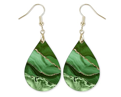 Green Earrings for Women with Gold Strands Teardrop Dangle Spring Dangling Wood Statement Jewelry MDF Kelly Lime Handmade by The Painted Pug