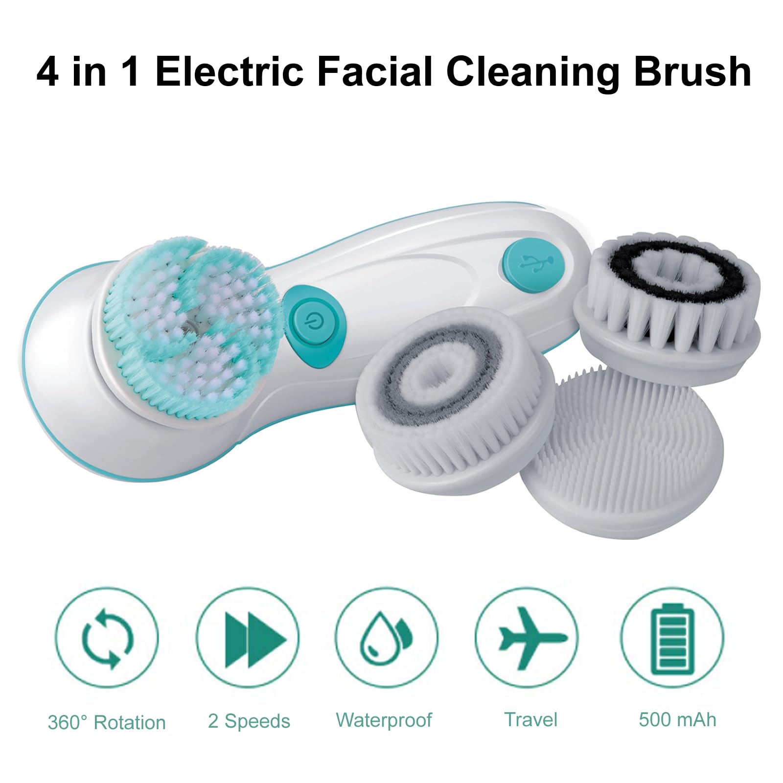 Cepillo de limpieza facial, limpiador facial eléctrico con 4 cabezales de limpieza y 2 velocidades ajustables para una limpieza profunda, cepillo de lavado facial portátil recargable e impermeable